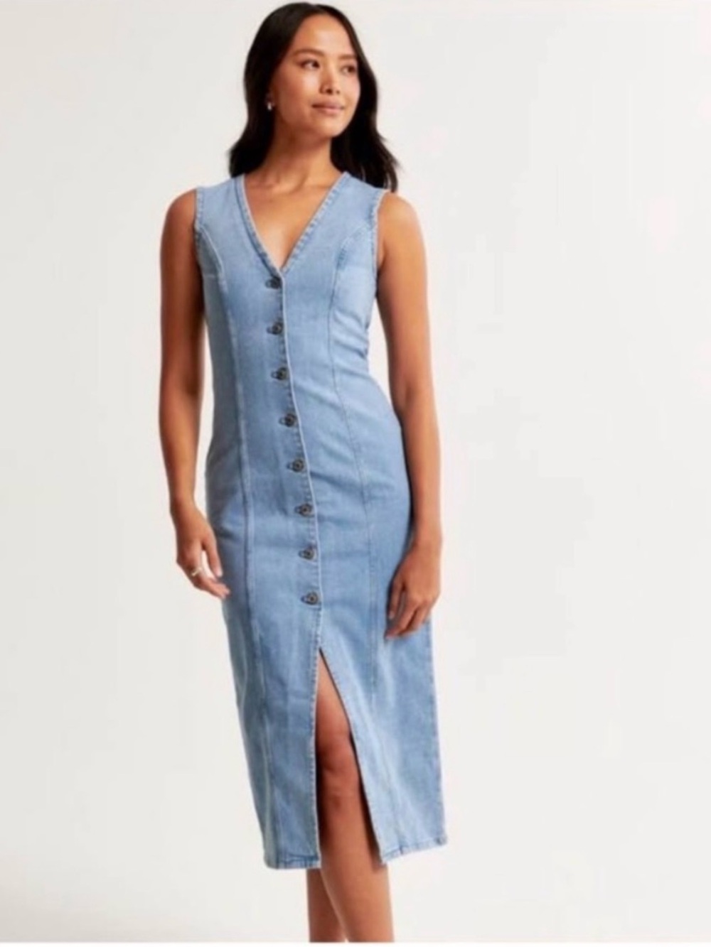 Abercrombie & Fitch Sleeveless Light Blue Denim Button-Front Midi Dress